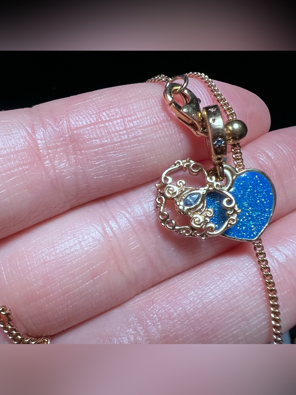 Pandora Gold Necklace with Sparkling Blue Heart and Ornate Heart Charm